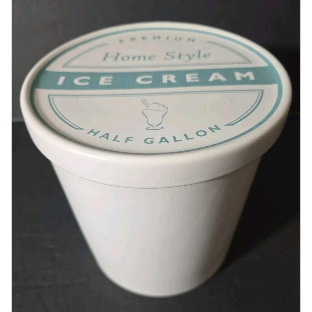 Vtg. William Sonoma Ice Cream White Crock w/ GREAT Blue Lid Graphics VERY NICE!!